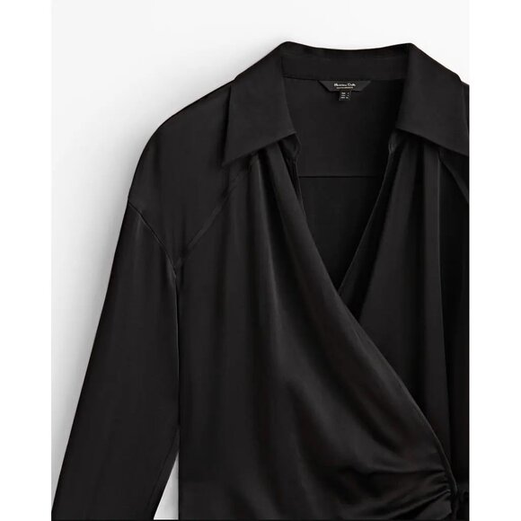 Massimo Dutti Maxi Wrap Black Satin Shirt Dress Size XS New With Tags - Picture 6 of 16